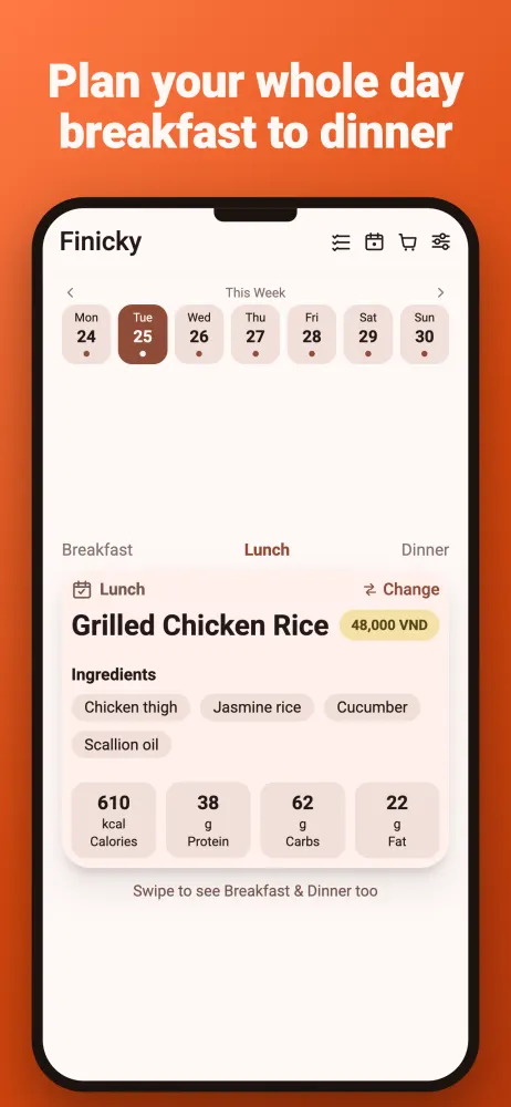 Plan breakfast, lunch and dinner for the day