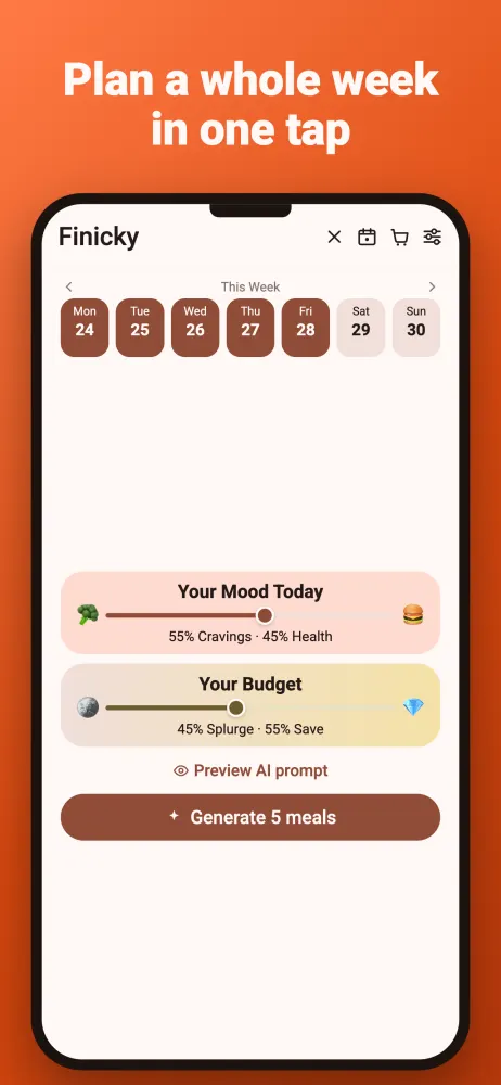 Generate five meals for the week in one tap