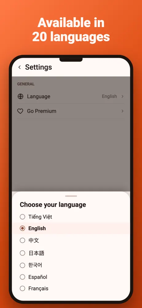 Language selection screen with 20 languages